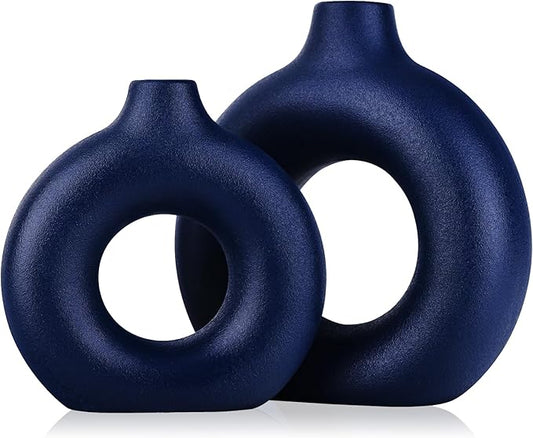 Navy Blue Vase Decor Donut Vase Set of 2 - Circle Hollow Vases, Modern Matte Ceramic Vases for Entryway Living Room Bedroom Dining Table Centerpiece Office Home Decor