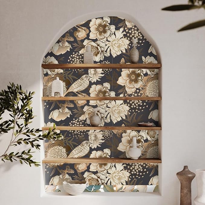 Floral & Birds Peel and Stick Wallpaper Antique Gold Dark Self Adhesive Removable Floral Wallpaper for Bedroom Renter Friendly Floral Contact Paper for Bedroom Bathroom Walls Shelf Liner 17.7"x118.1"