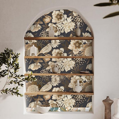 Floral & Birds Peel and Stick Wallpaper Antique Gold Dark Self Adhesive Removable Floral Wallpaper for Bedroom Renter Friendly Floral Contact Paper for Bedroom Bathroom Walls Shelf Liner 17.7"x118.1"