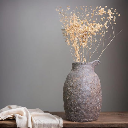 Rustic Ceramic Vase Vintage Farmhouse Style Decor, Frosted Texture Pottery for Home Decor, Modern Living Room, Office Desk Table Centerpiece (Brown) 7IN