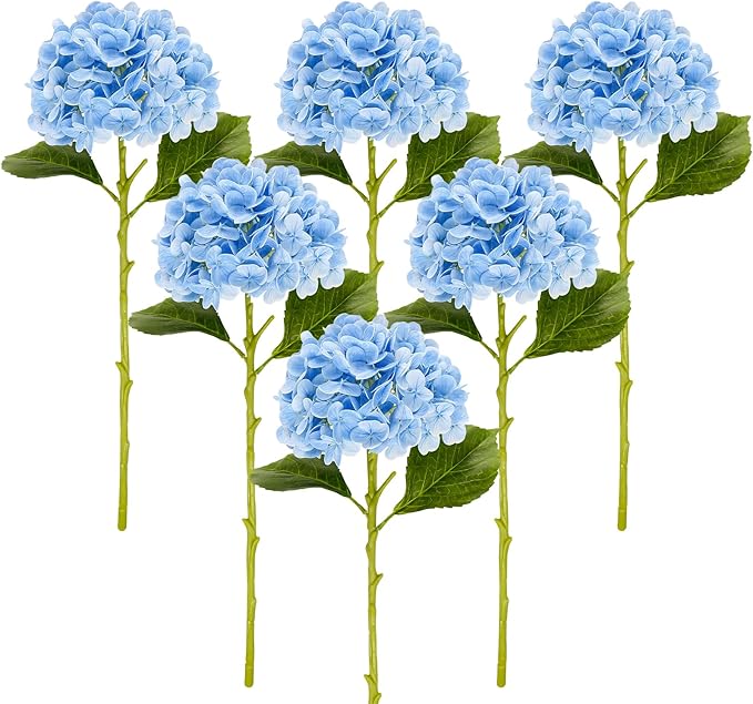 Large Hydrangea Artificial Flowers 19.3", 6 Pcs Latex Real Touch Faux Hydrangea with Stems, Fake Flowers for Table Centerpieces Arrangements Wedding Bouquets (Light Blue)