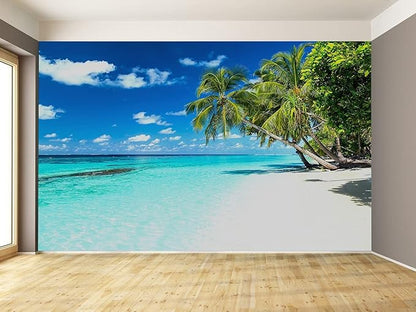Palm Tree Wall Mural Tropic Paradise Beach Seascape Murals Wallpaper for Walls Bedroom Living Room Bedroom TV Background Kids Room Decoration（Not Peel and Stick）