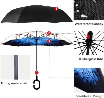 Inverted Umbrella, 49 Inch Double-Layer Vented Reverse Umbrella, Windproof Waterproof UV Protection, Lightweight C-Handle, Fiberglass Ribs, Steel Shaft, Travel/Commute/Car Use, With Sleeve