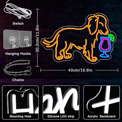 Dachshund Drink Martini Neon Sign for Wall Decor Long Haired Dachshund Bar Neon Light Colorful Dog Drink Martini Led Light Dog Neon Light for Bedroom Man Cave Living Bar Room Shop Party