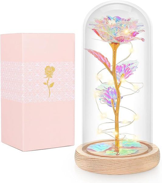 Mothers Day Flowers Gifts for Mom, Birthday Gifts for Women, Galaxy Glass Rose Gifts for Grandma Wife Daughter Artificial Forever Preserved Flowers for Delivery Prime Rose in Glass Dome, Rainbow