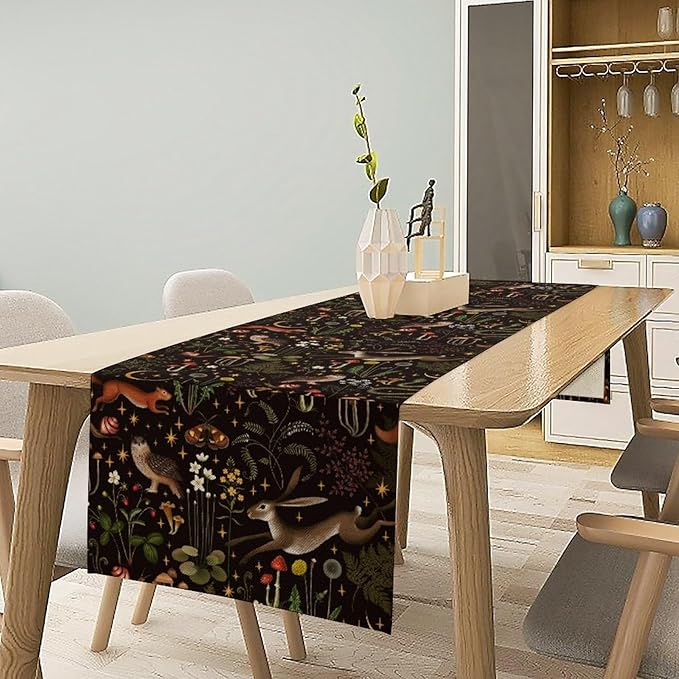 Rustic Forest Table Runner, Farmhouse Country Fairy Woodland Wild Animals Butterfly Mushroom Table Runner for Home Kitchen Dining Table Decor, 13x70inch