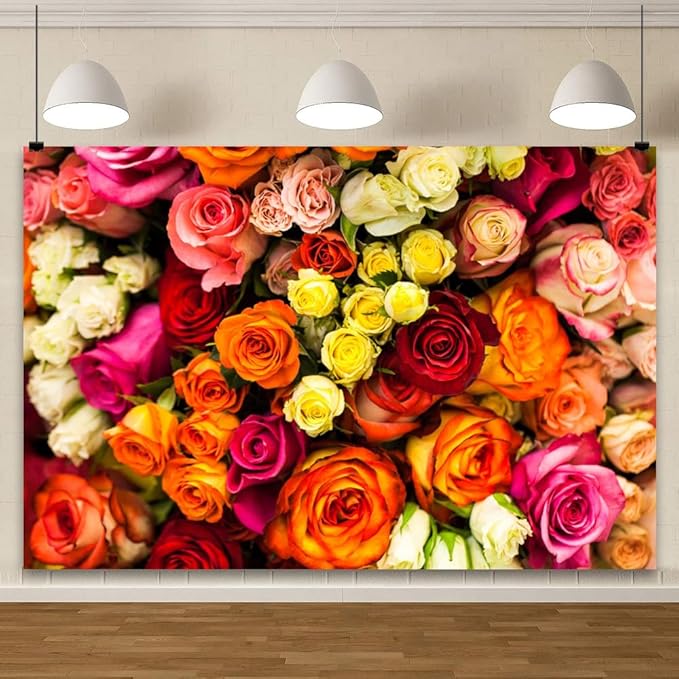 YongFoto 10x7ft Vinyl Flower Backdrop Lush Blossom Red Orange Floral Beautiful Photography Background for Couples Wedding Anniversary Marriage Ceremony Mother's Day Portrait Photo Studio Props