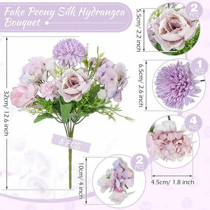 Lyrow 8 Pcs Peony Artificial Flowers Fake Silk Hydrangea Bouquet Elegant Peony Flowers for Wedding Decoration Faux Realistic Floral for Home Party Table Centerpieces Arrangement (Light Purple)