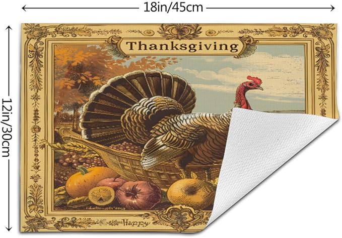PVC Placemats Set of 1 Wipeable Table Mats Washable Heat Resistant Non Slip Vinyl Dining Table Mat for Kitchen Indoor Outdoor Patio Farmhouse Place Mats Retro Turkey Thanksgiving Decorative