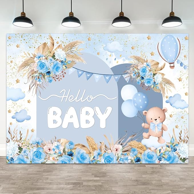 5x3ft Hello Baby Backdrop Blue Gold Boho Floral Bear Baby Shower Photography Background Balloon Stars Clouds Banner Decorations Welcome Newborn Celebration Party Portrait Photo Booth Prop