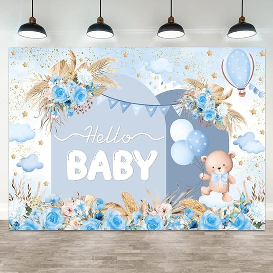 20x10ft Hello Baby Backdrop Blue Gold Boho Floral Bear Baby Shower Photography Background Balloon Stars Clouds Banner Decorations Welcome Newborn Celebration Party Portrait Photo Booth Prop