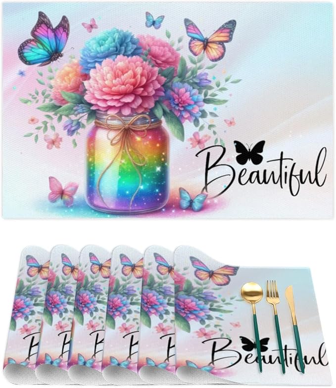 PVC Placemats Set of 4 Rainbow Flower Butterfly Wipeable Table Mats Washable Heat Resistant Non Slip Vinyl Dining Table Mat for Kithen Indoor Outdoor Patio Farmhouse Place Mats Decorative