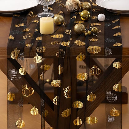 Socomi Gold Table Runner Fall Pumpkin Gauze Sheer Chiffon Cheesecloth Sequin 10FT Glitter Metallic Foil Dining Wedding Birthday Party Baby Shower Holiday Centerpiece Table Decor 3pcs Black