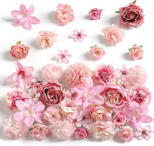 Fake Flower Heads for Crafts - Pink Silk Artificial Roses, Peonies, Daisies & Mini Floral Heads Bulk (48-Pack) for Wedding Decor, Graduation Cap, Cake Topper, Baby Shower, Home Decoration