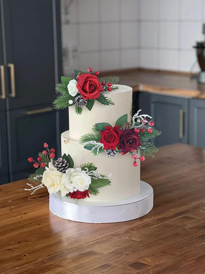 Rinlong 3Pcs Pre-made Cake Topper Cake Decorating Flowers for Christmas Cake Decor Burgundy Xmas Cake Decorations for Wedding Baptism