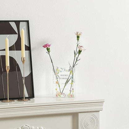 Glass Book Vase, Clear Book Vase for Flowers, Large Glass Vases, Modern Book Shaped Vases for Bedroom, Living Room, Office, Coffee Table, Bookshelf(Garden)