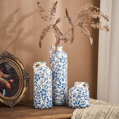 Ceramic Vase Set of 3, Vintage Blue and White Vase, Chinoiserie Floral Vases, Rustic Farmhouse Ceramic Vases for Home Decor, Blue Vase for Living Room, Kitchen Island, Bookshelf, Chinoiserie Decors