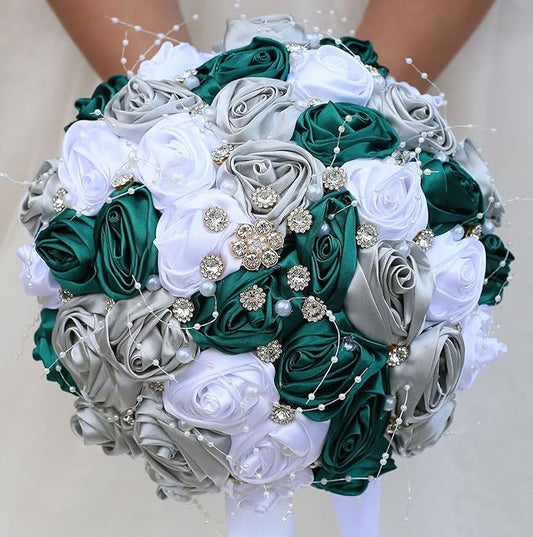 Bridal Wedding Bouquet Round Bling Brooch Bouquet Throw Toss Artificial Rose Flower Bunch for Bride Bridesmaid Wedding Quinceanera(Dark Green, Silver & White, 9.8")
