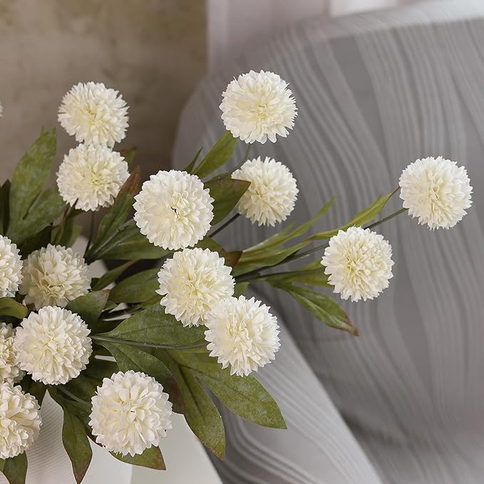 6 Pcs Faux Silk Pompon Mum Artificial Flowers for Vase -27", Bulk Fake Chrysanth Branches with Stems for DIY Bouquet Centerpieces Wedding Fillers Arrangements Shower Decorations (Cream)