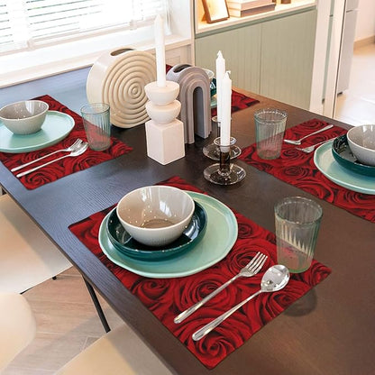Red Rose Linen Table Placemats Set of 4 Beautiful Red Rose Placemats Home Party Kitchen Indoor Holiday Rustic Washable Heat Resistant Table Mats 12 x 18 Inch