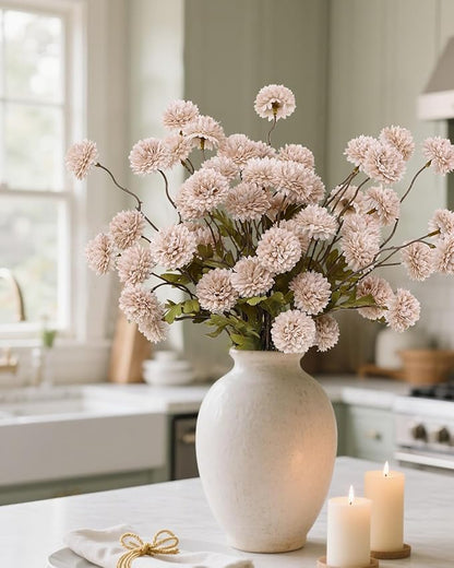 DuHouse 6pcs Artificial Flowers Faux Silk Pompon Mum,Silk Small Mini Chrysanthemum Ball with Stems for Wedding DIY Champagne Arrangements Bouquets Centerpieces Home Decorations(Beige)