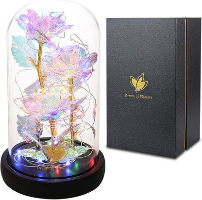 Beauty and The Beast Rose,Christmas Flowers Gifts for Women,Colorful Rainbow Up Rose in A Glass Dome,Gifts for Mom,Women,Wife's,Grandma Wife Anniversary,Valentines,Thanksgiving,Birthday,Wedding