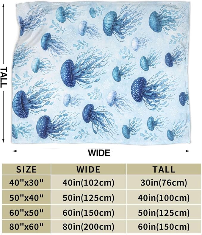 Jellyfish Blanket Marine Life Throw Blanket Blue Ocean Sea Soft Cozy Fleece Sealife Fuzzy Stuffed Plush Animal Flannel Gifts for Girls Women Boys Kids Adults 50"X60"