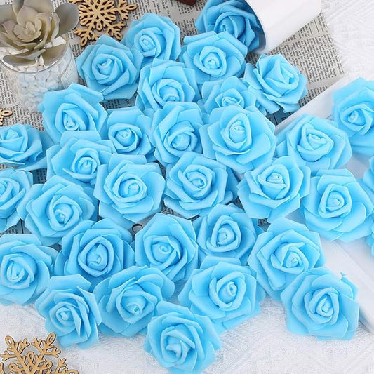 IPOPU Artificial Rose Flower Heads, 100 Pcs Real Looking Sky Blue Foam Fake Roses for DIY Wedding Baby Shower Centerpieces Arrangements Party Tables Home Decorations (Sky Blue, Stemless)