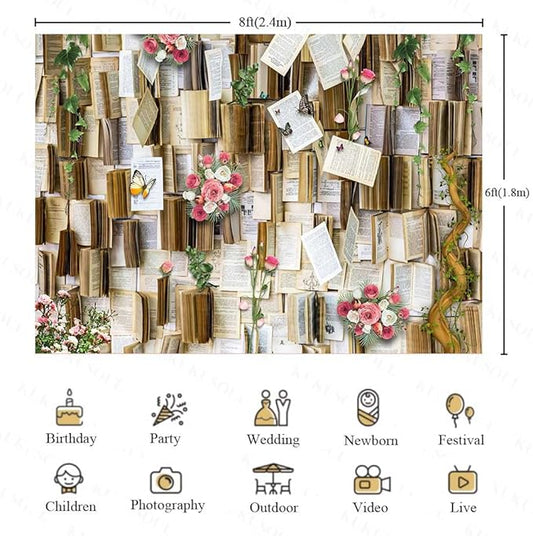 8x6ft Book Photo Backdrop Fairy Tale Books Background Pink Flowers Party Decor Background Girls Party Decorations Kids Newborn Birthday Baby Shower Photo Studio Props KUBDJ728