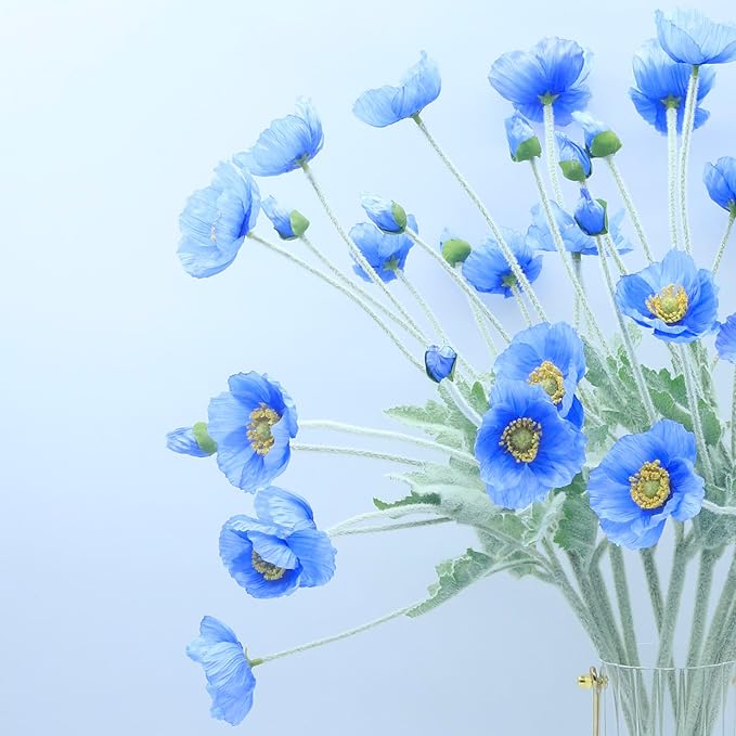 2 Pcs Artificial Fake Flowers Plants Poppies Silk Flower Arrangements Wedding Bouquets Decorations Plastic Floral Table Centerpieces for Home Kitchen Garden Party Decor Approx 23.6" High - Dark Blue