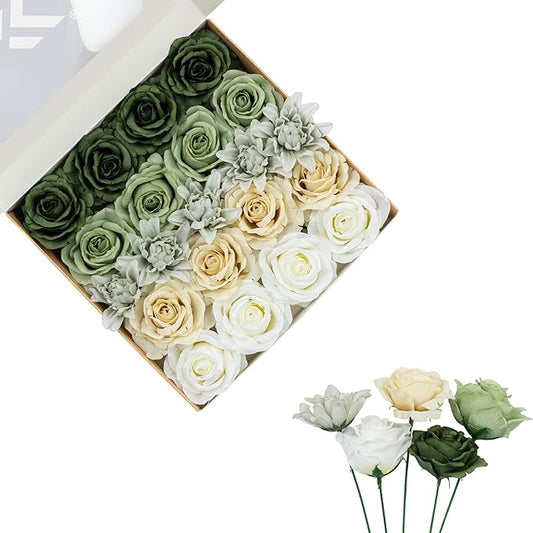 FANKO Artificial Flower Fake Rose Combo, 5 Mixed Silk Flowers Bouquet Dark & Light Green Rose Cream Roses, Light Gray Dahlia for DIY Wedding Bridal Bouquets/Centerpieces/Home Decorations