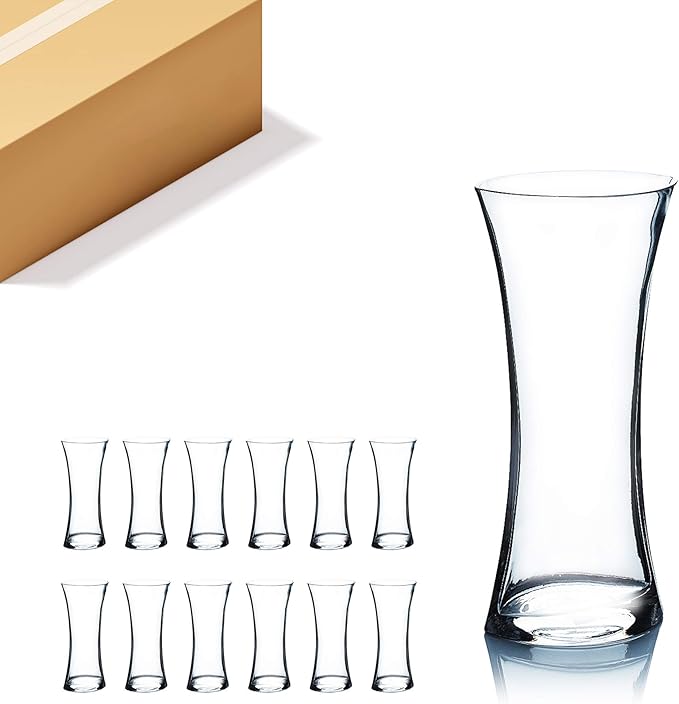 WGV Gathering Bouquet Vase Bulk, 4.5" W, 10" H, Clear Glass Floral with Flared Oval Opening, Centerpiece, Home Wedding Event Decor, 12 Pieces (VCK0910)