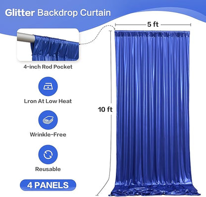 gogoparti 20x10FT Sapphire Blue Sequin Backdrop Curtain - 4 Panels of 5x10FT Wrinkle-Free Glitter Drapes for Photography, Birthdays, Weddings & Graduations