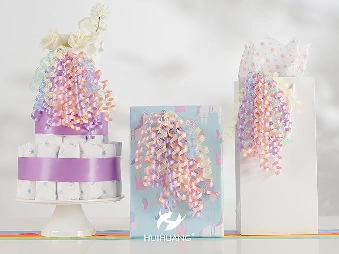 HUIHUANG Pastel Bows for Gift Wrapping 7" Pastel Rainbow Curly Gift Bow Self Adhesive & Twist Tie Ribbon Bows for Presents Gifts Easter Baskets Baby Shower Party Favors- 6 Counts
