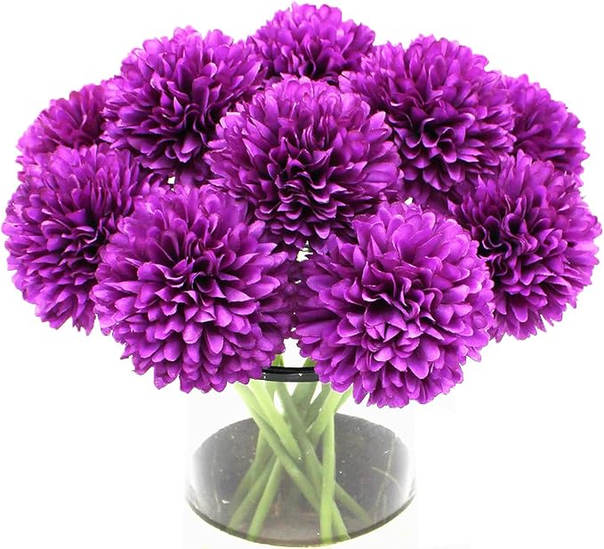 Blooming Paradise10Pcs Artificial Fake Flower Plants Silk Chrysanthemum Ball Hydrangea Arrangements Wedding Bouquets Decor Home Kitchen Garden Party Table Floral Centerpieces DIY (Dark Purple)