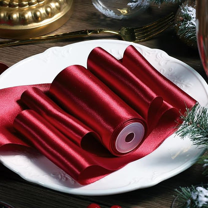 LaRibbons Red Satin Ribbon 4 Inch 10 Yards Christmas Ribbons Double Faced Luxury Burgundy Silk Ribbon for Gift Wrapping Flower Bouquets Bow Christmas Wedding Party Decoration