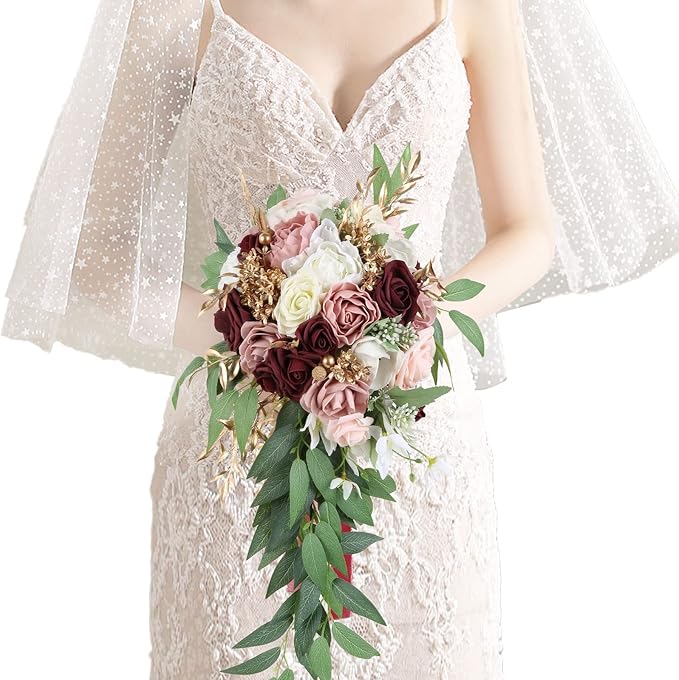 9 Inch Artificial Wedding Bouquets for Bride Bridal Bouquet Bridesmaid Bouquet Tossing Bouquet for Wedding Ceremony Anniversary Bridal Shower(Marsala & Blush)