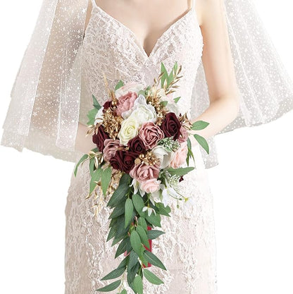 9 Inch Artificial Wedding Bouquets for Bride Bridal Bouquet Bridesmaid Bouquet Tossing Bouquet for Wedding Ceremony Anniversary Bridal Shower(Marsala & Blush)
