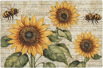 Vintage Sunflower Bee Placemats Set of 4 Washable Table Mats Rustic Spring Summer Floral Heat-Resistant Cotton Linen Place Mats for Dining Table Kitchen Indoor Outdoor Party Holiday Decor