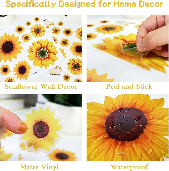 AOWDIAO Sunflower Peel and Stick Wall Decals, Sunflower Decorations for Bedroom, Kitchen, Bathroom, Living Room