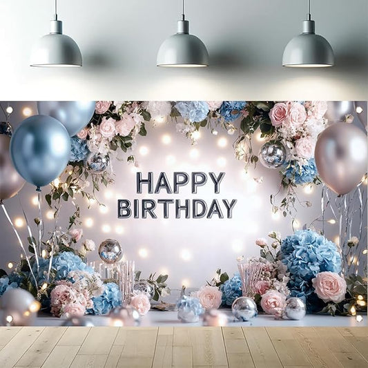 Blue Pink Happy Birthday Backdrop Banner Floral Balloon Photography Background Elegant Birthday Decorations Party Supplies Photo Booth Props 71x43 Inch