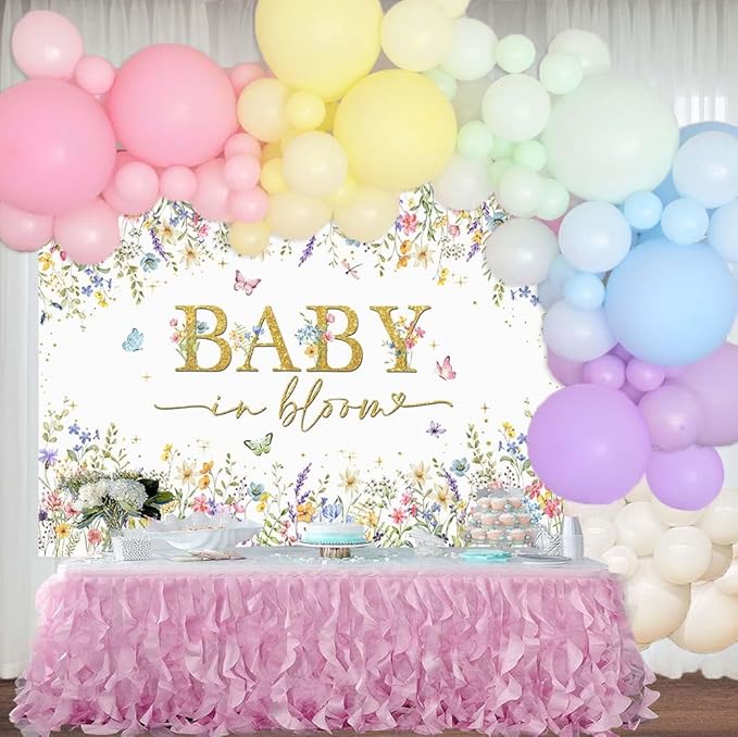 Sensfun Baby in Bloom Backdrop Wildflower Baby Shower Decorations Baby Girl's Watercolor Blossom Floral Butterfly Garden Baby Shower Photography Background Cake Table Banner Party Supplies 5x3ft