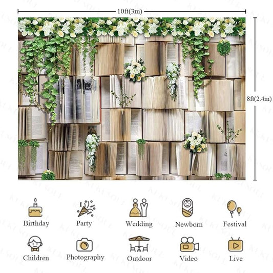 10x8ft Book Backdrop Flower Garlend Book Pages Wedding Party Photo Background Kids Birthday Party Woman Weeding Banner Baby Shower Photoshoot Booth Props KUBDJ734