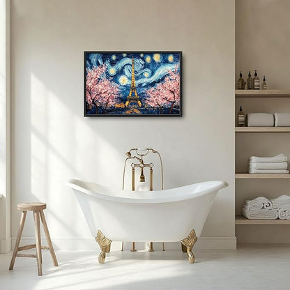 Eiffel Tower Large Wall Art Paris Cherry Blossom Pictures Wall Decor Landmark Landscape Canvas Starry Sky Print Painting Modern Artwork Home Decoration for Living Room Bathroom Bedroom Office Framed 24"x36"