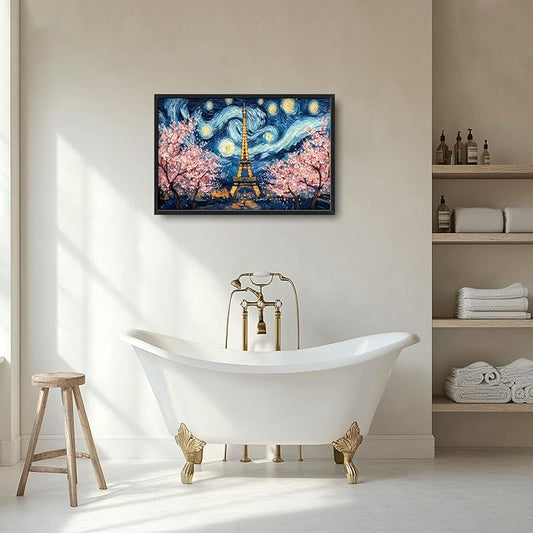 Eiffel Tower Large Wall Art Paris Cherry Blossom Pictures Wall Decor Landmark Landscape Canvas Starry Sky Print Painting Modern Artwork Home Decoration for Living Room Bathroom Bedroom Office Framed 24"x36"