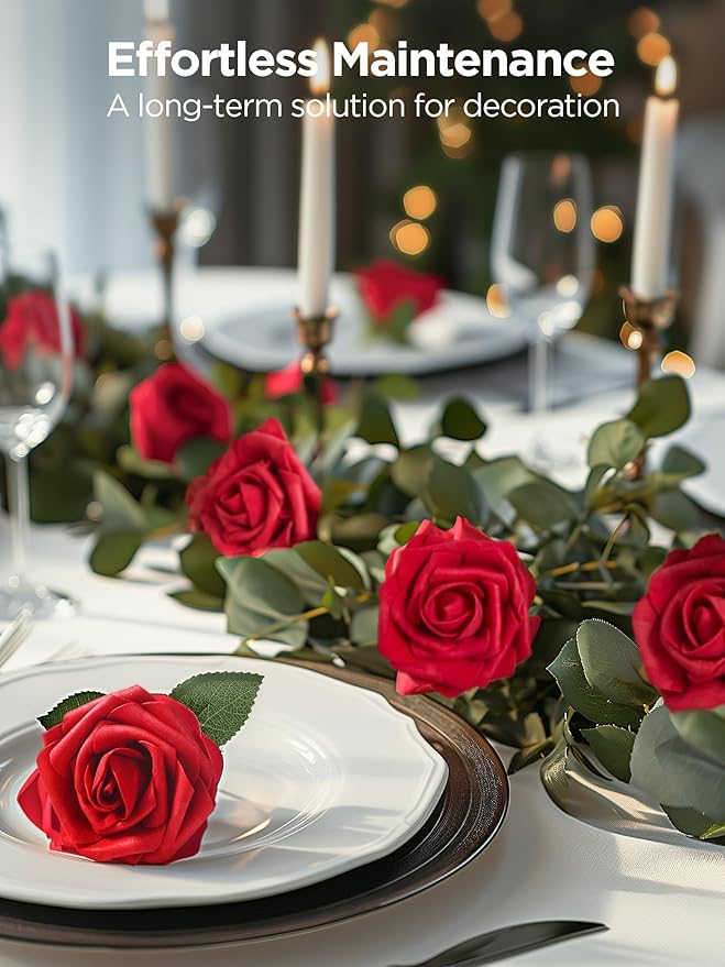 InnoGear Artificial Flowers, 25 Pcs Dark Red Foam Fake Roses Bulk with Stems for Decoration DIY Wedding Bouquets Centerpieces Bridal Shower Party Christmas Tree