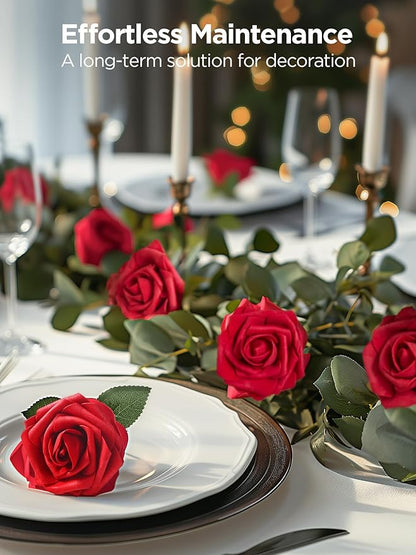 InnoGear Artificial Flowers, 25 Pcs Dark Red Foam Fake Roses Bulk with Stems for Decoration DIY Wedding Bouquets Centerpieces Bridal Shower Party Christmas Tree