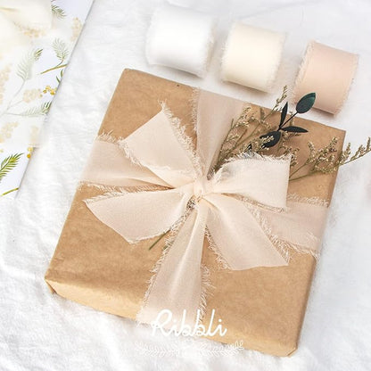 Ribbli Chiffon Ribbon - 1.5 inch x 30 Yard Handmade Silk, White/Ivory/Nude Fringe Chiffon for Wedding Invitations, Gift Wrapping, Bridal Bouquets, Flower Arrangement Decoration