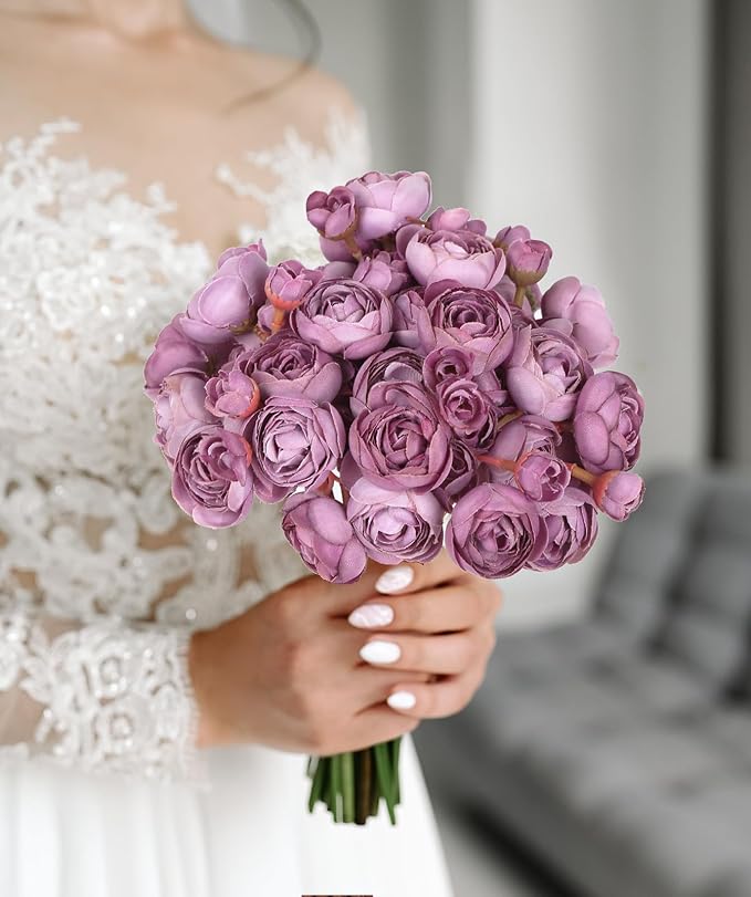 IPOPU Ranunculus Artificial Flowers 2Bouquets Silk Flowers with Stems 12PCS Mini Fake Flowers for DIY Wedding Bouquet Bridal Shower Decorations Floral Filler Flowers Centerpieces (Purple)