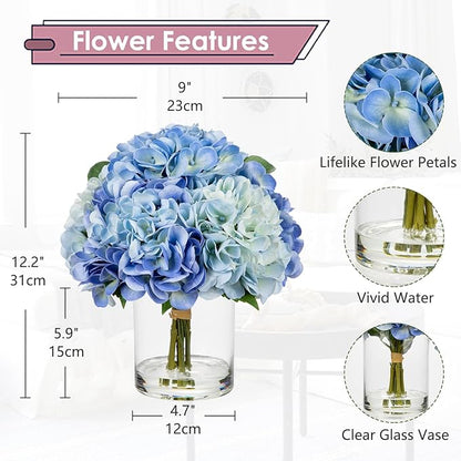 Hollyone Blue Hydrangea Artificial Flowers in Vase Latex Real Touch Large Faux Hydrangea Flowers Arrangements Hydrangeas Fake Flower with Glass Vase with Faux Water for Table Centerpiece Home Decor ﻿